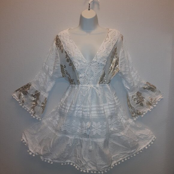 Croatian Swim Cover-Up * Dress / Tunic * White Cotton & Gold Thread* Embellished - Picture 3 of 5